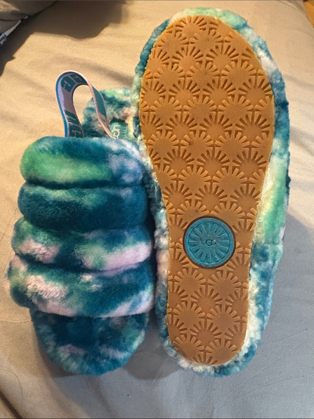 UGG Multicolor Tie-Dye Fluff Slides in Teal, Green & white